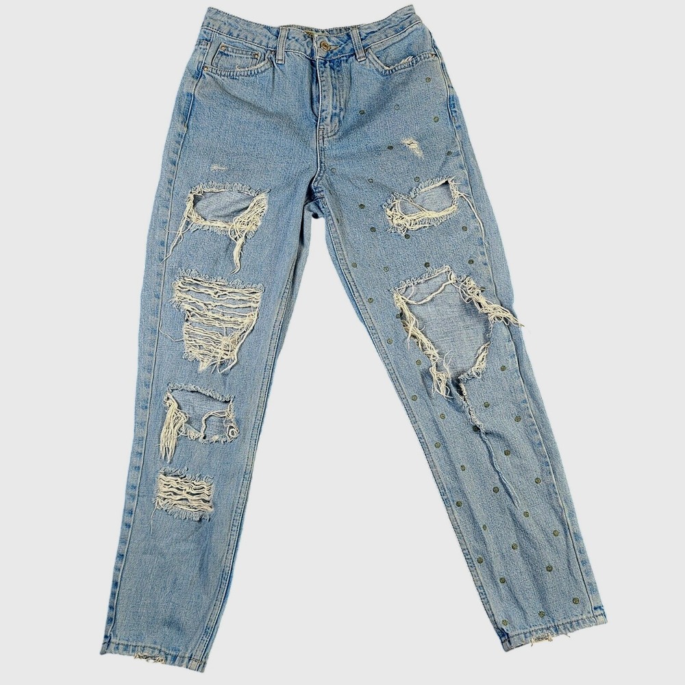 Topshop Moto Mom Jeans Distressed Ripped Light Wash Denim Womens Size W26‎ L30
